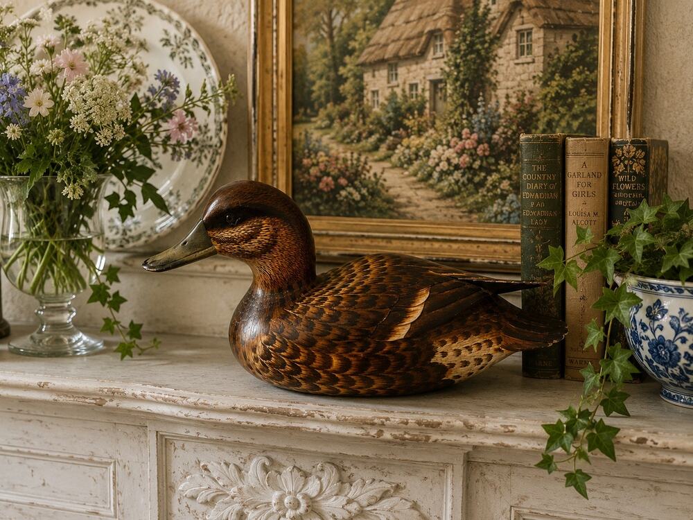 Vintage Hand Carved Wooden Duck Sculpture Folk Art Cabin Lodge Decor 15” Long